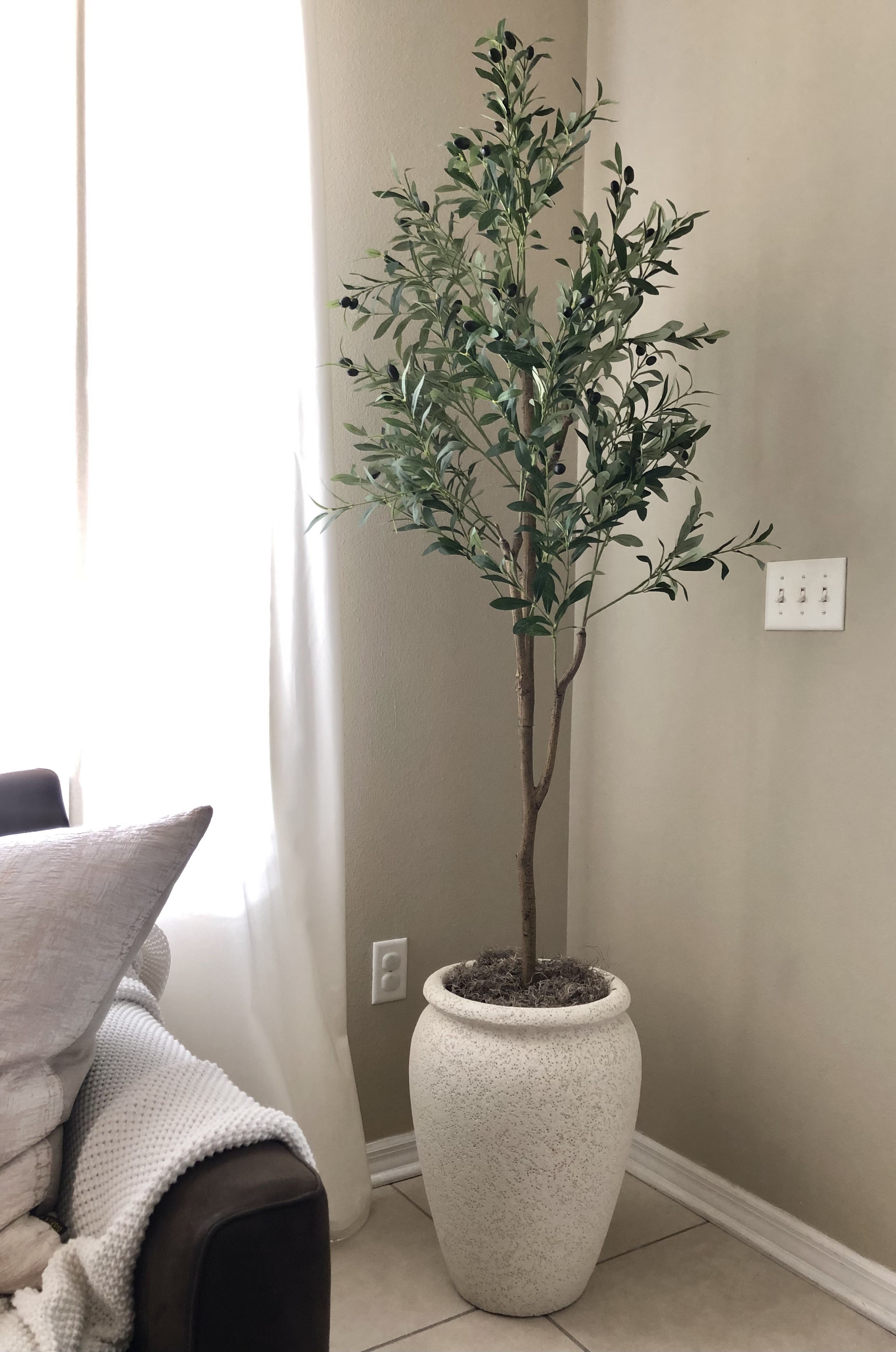 Faux olive tree in white stone planter